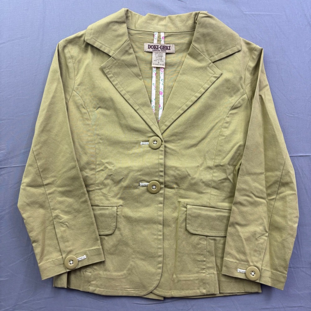 Doki-Geki Women Olive‎ Green Bamboo Blend Two Button Peplum Blazer Jacket S